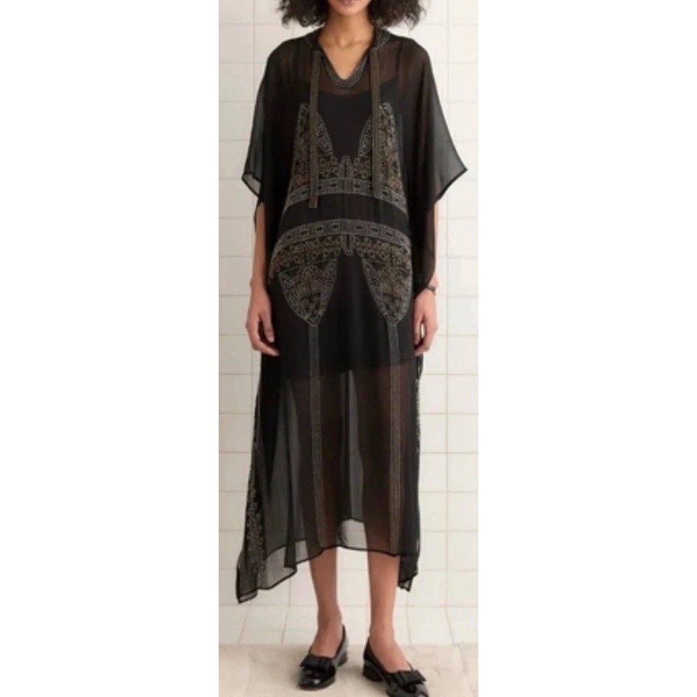 Bode Silk Beaded Kaftan Dress Black Sheer Embroidered Maxi Butterfly Sleeve S